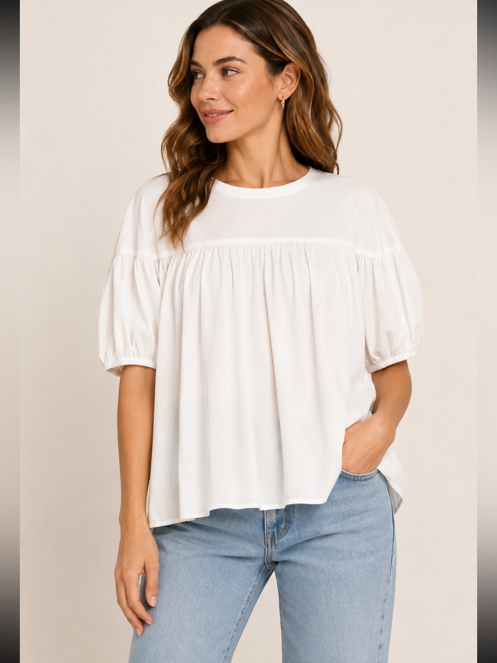 Vigoss White Puff-Sleeve 100% Cotton Peasant Top